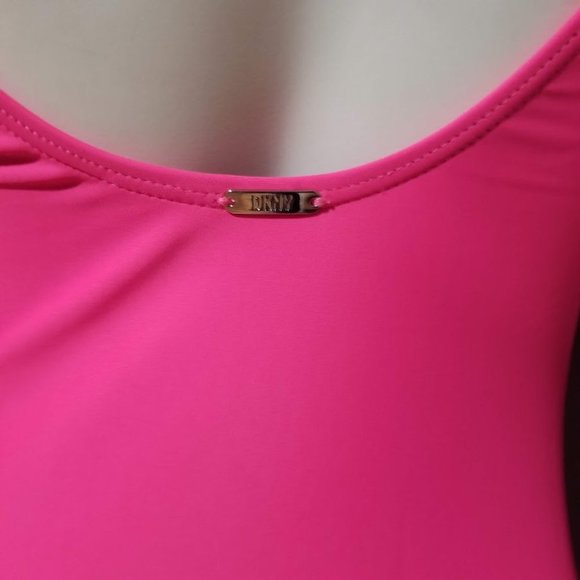 DKNY Neon Pink Ruched Mesh-Contrast One-Piece Swimsuit Size 8 - Picture 5 of 12